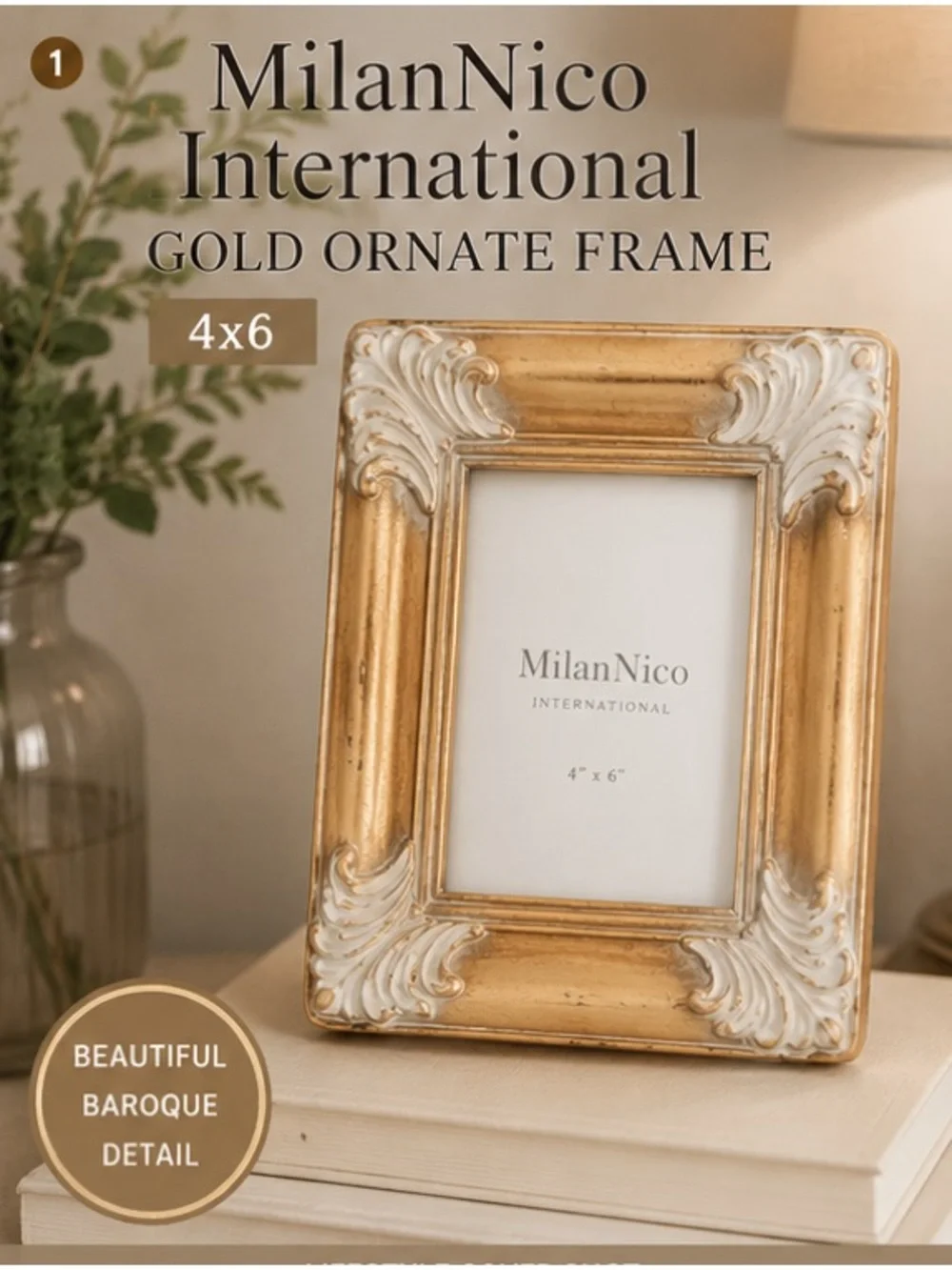 MilanNico International Gold Ornate Frame Distressed Ivory Baroque Rococo 4x6